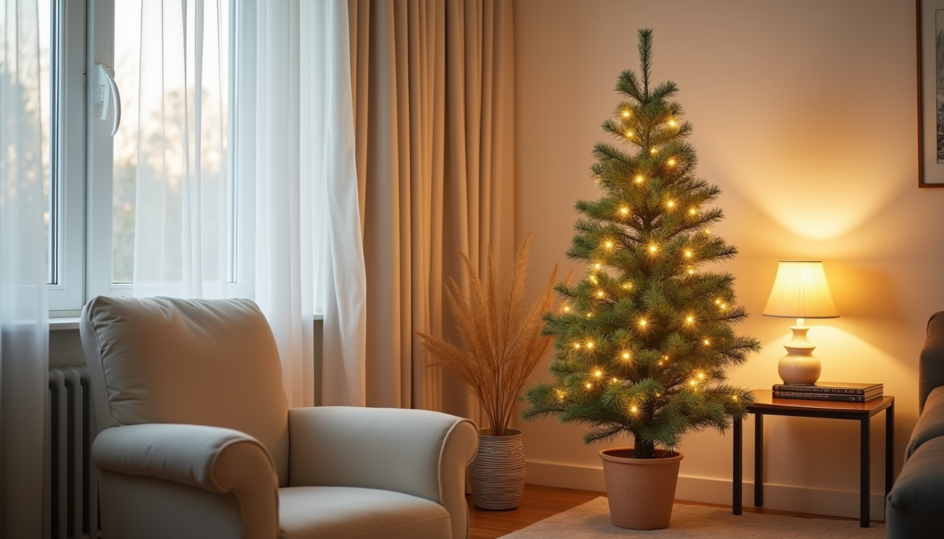 A small lit fir tree sits on a side table in a living room corner next to a cream armchair, with warm white lights glowing