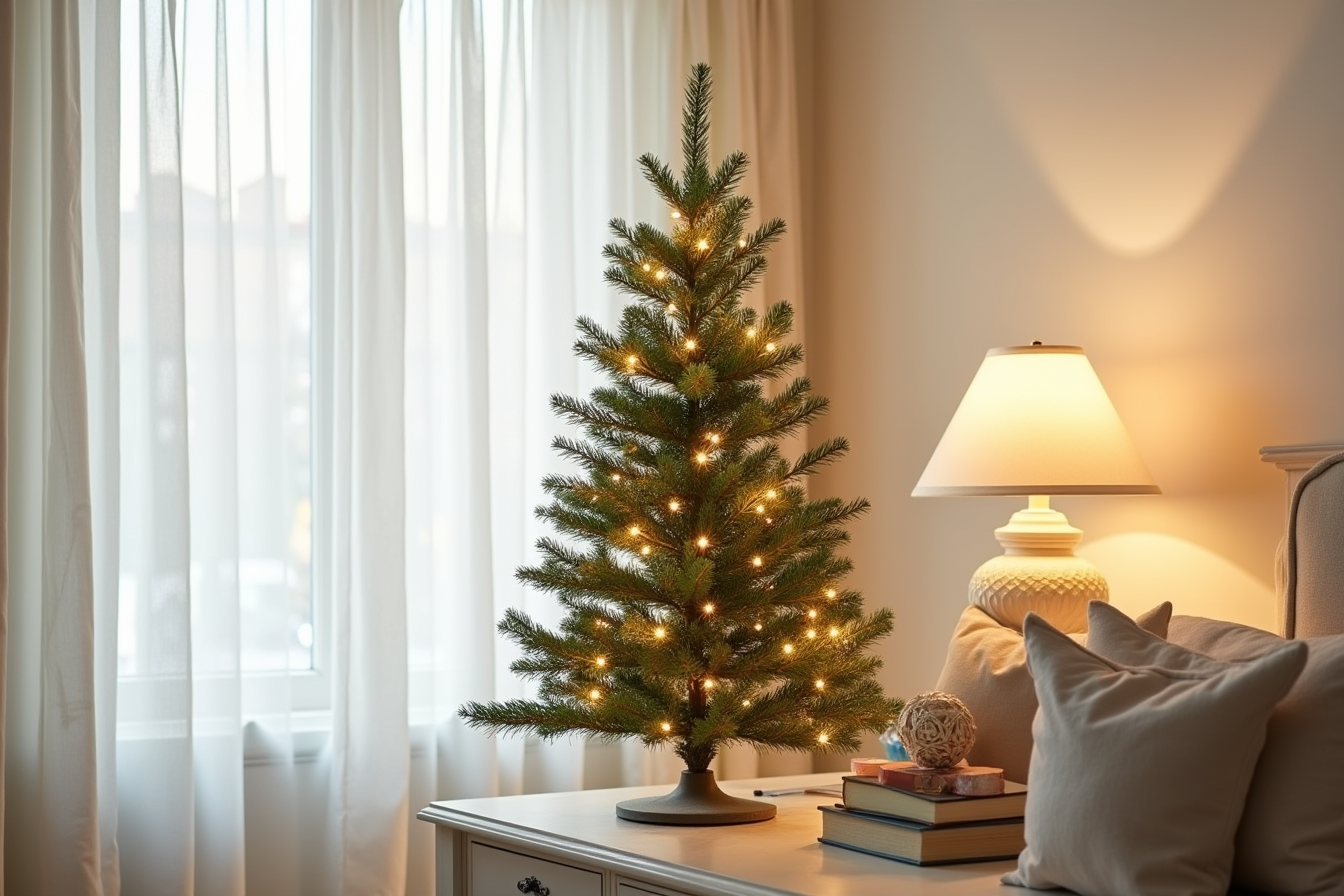 A compact pre-lit fir tree with dense branches and warm LED lights stands on a console table against a plain wall.