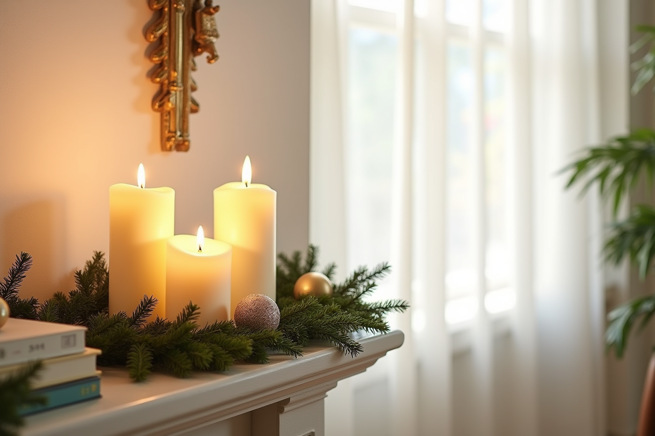 Three ivory flameless taper candles in different heights glow among evergreen branches and ornaments on a mantel.