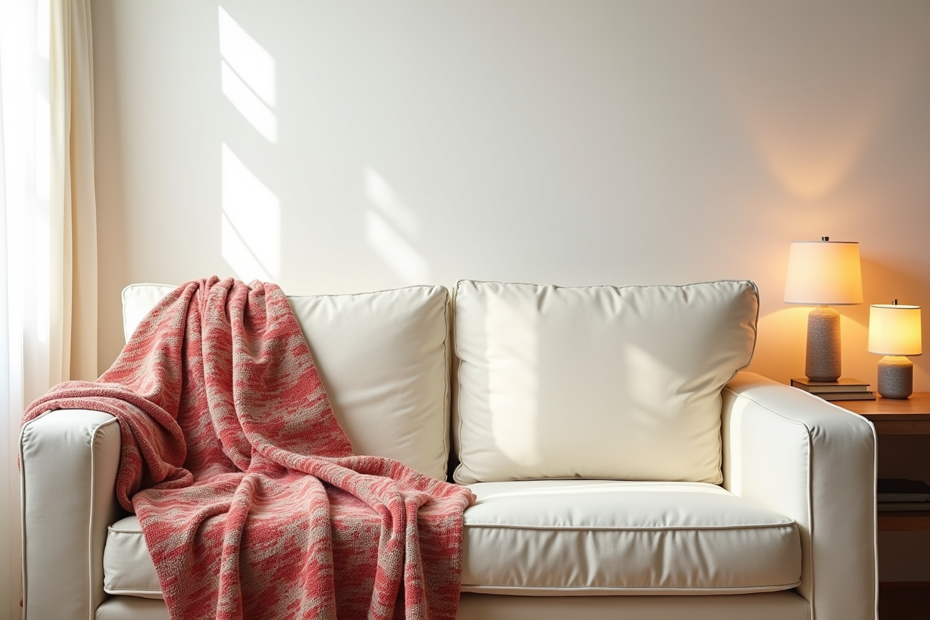 A red and cream patterned knit throw blanket is casually draped over one end of a cream sofa.