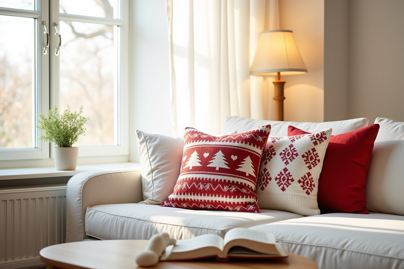 Two red and white patterned knit throw pillows with seasonal motifs are arranged at different angles on a sectional sofa.