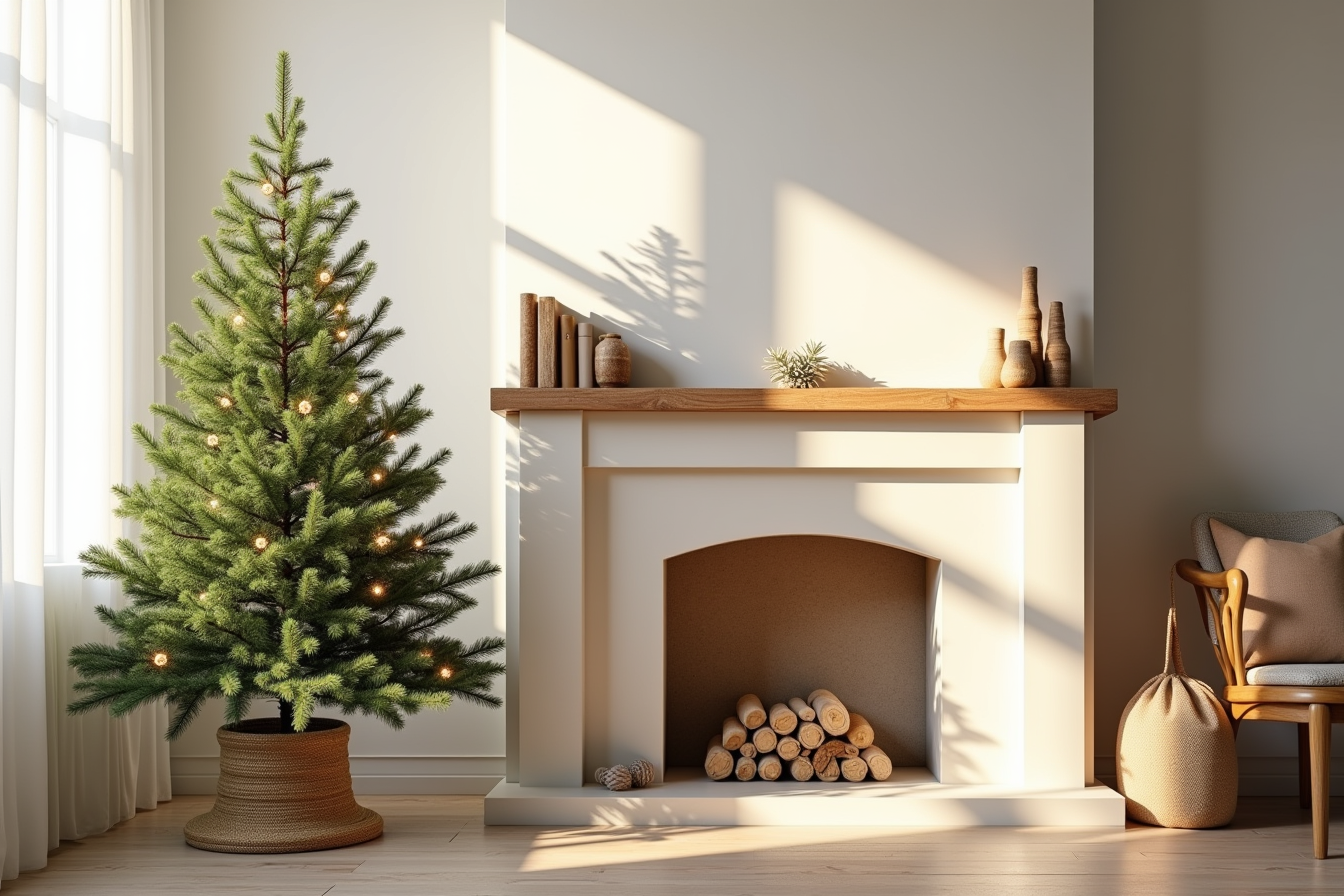 A full-size pre-lit spruce tree stands beside a fireplace mantel with warm lights glowing throughout its branches.