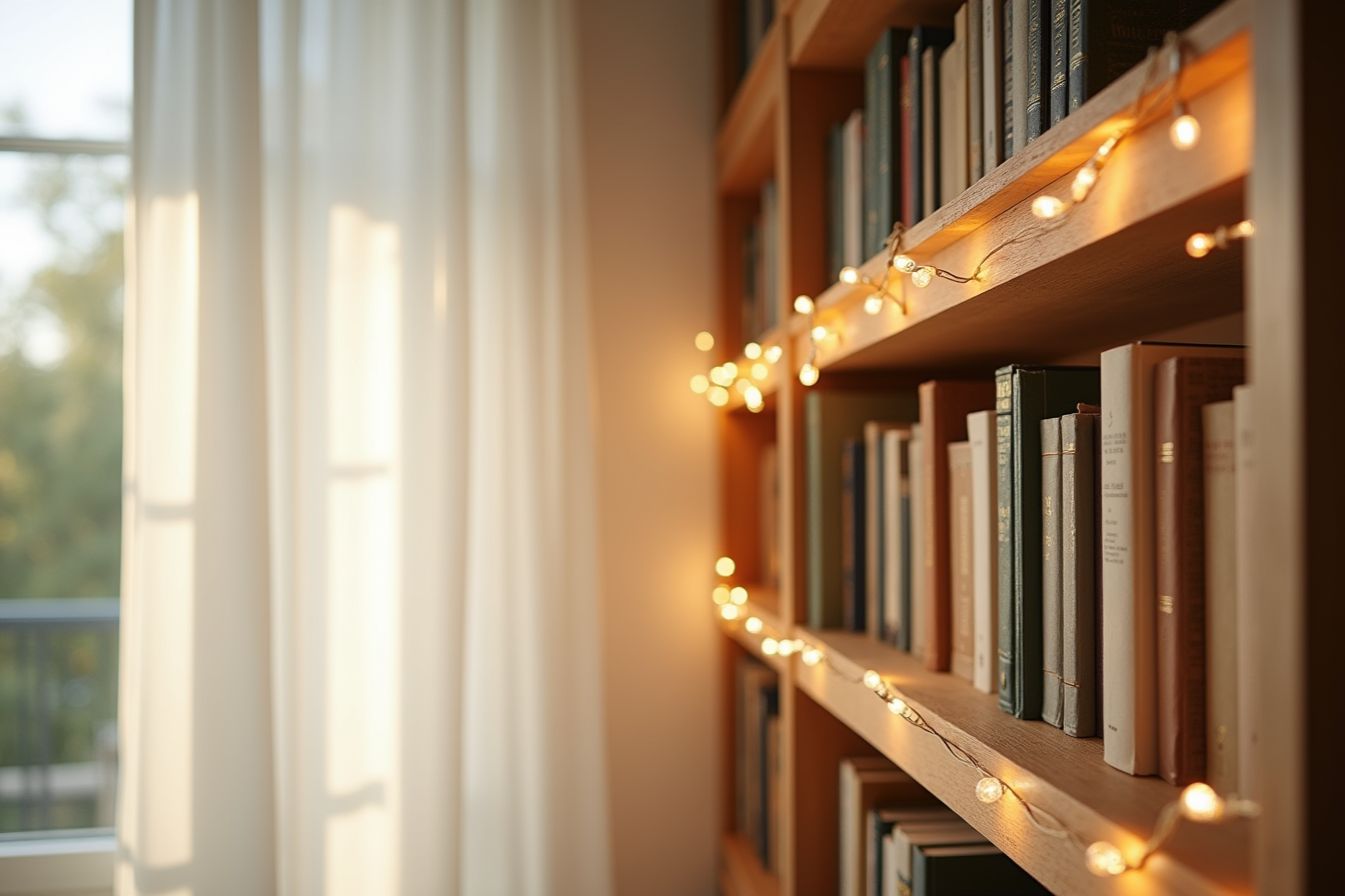 Warm white string lights are draped across a bookshelf, weaving through books and creating a glowing horizontal line.