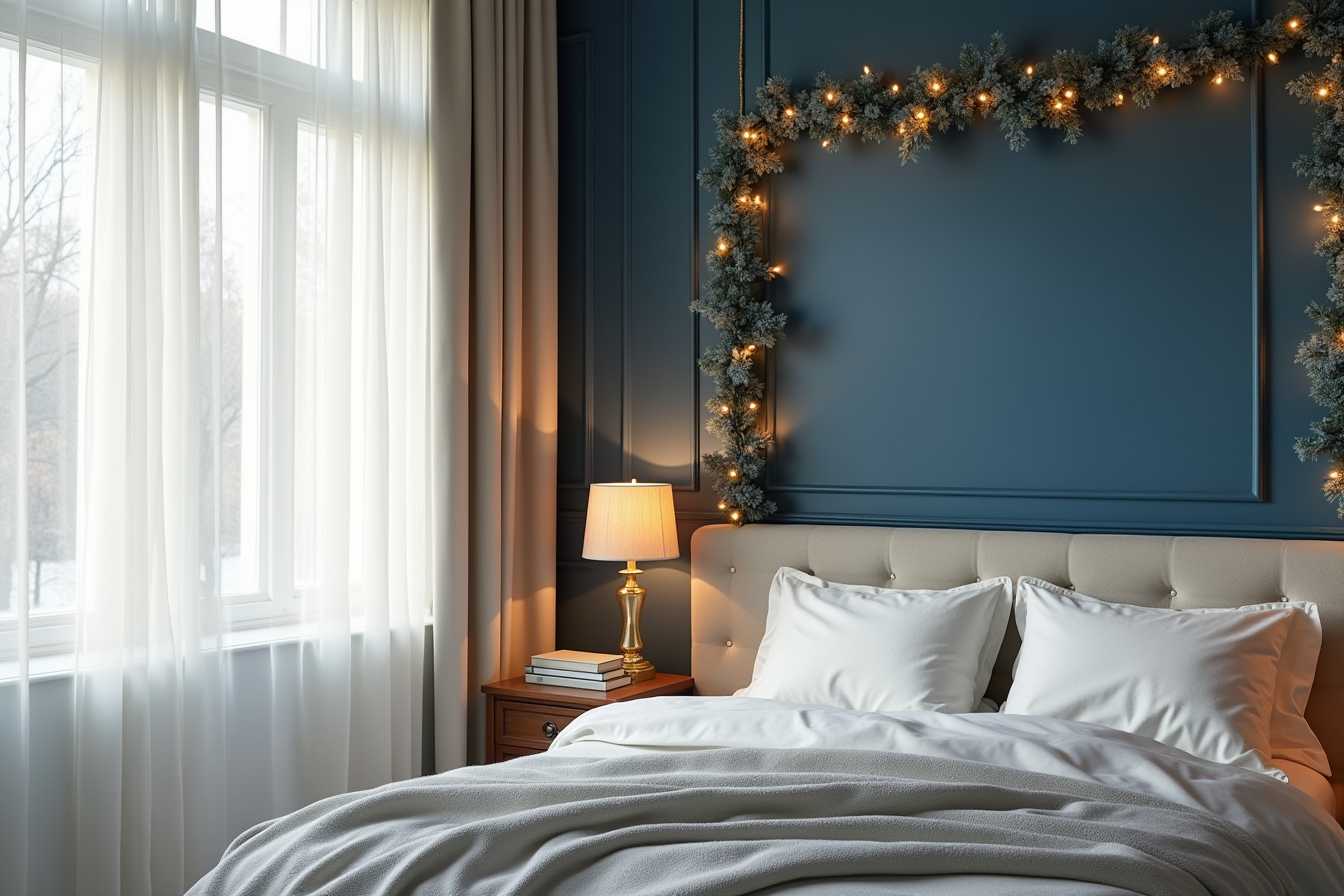 Blue-painted wall decorated with blue-toned garland accented with gold metallic details and warm integrated lights.