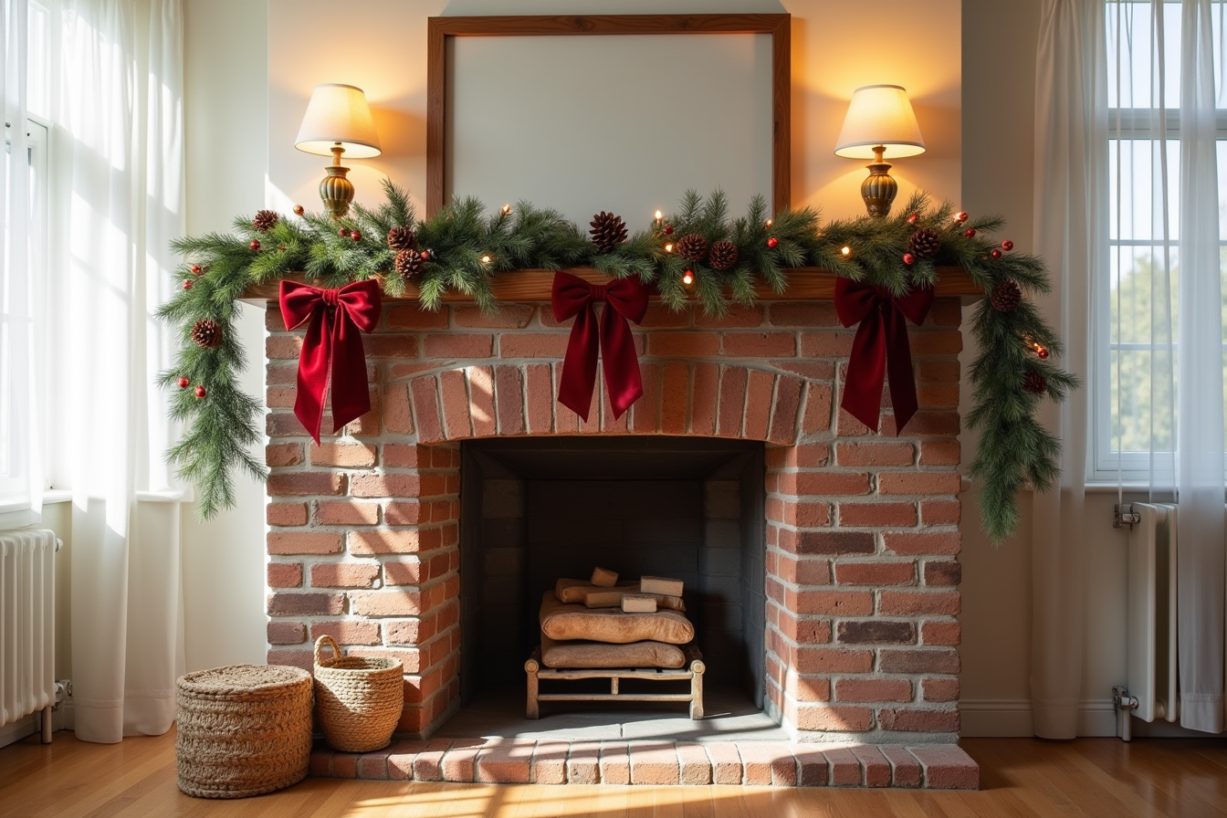 Brick fireplace mantel with garland adorned with red velvet bows, burgundy berries, pinecones, and white lights.