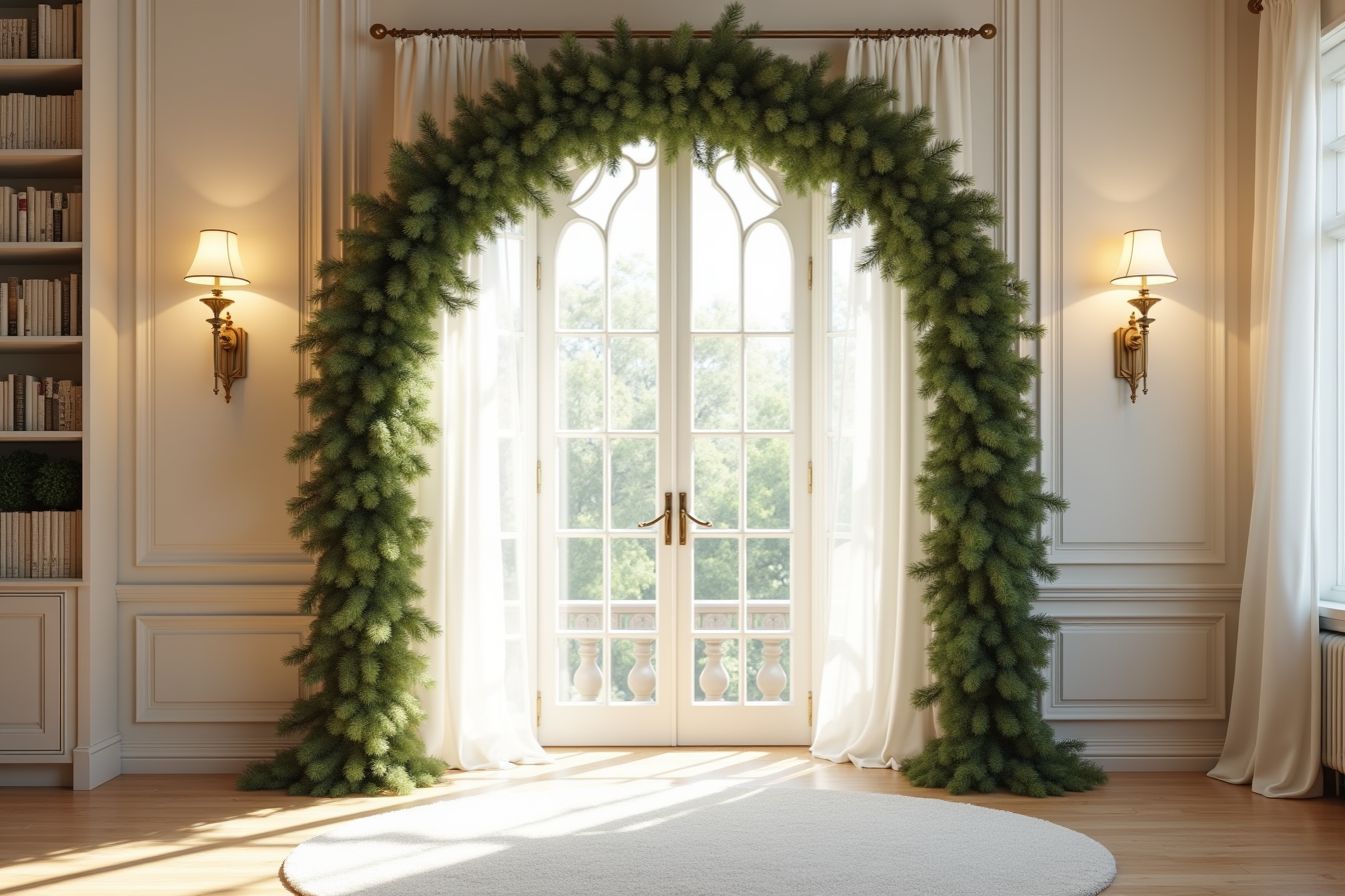 Entryway archway wrapped with full cashmere pine garland flowing continuously around the curved frame.