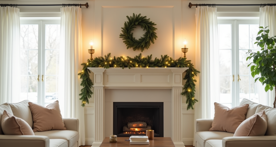 Cream fireplace mantel with draped green garland, white lights, gold candlesticks on each side, and wreath above.