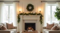 Cream fireplace mantel with draped green garland, white lights, gold candlesticks on each side, and wreath above.