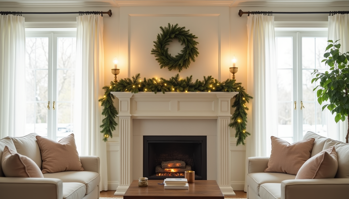 Cream fireplace mantel with draped green garland, white lights, gold candlesticks on each side, and wreath above.