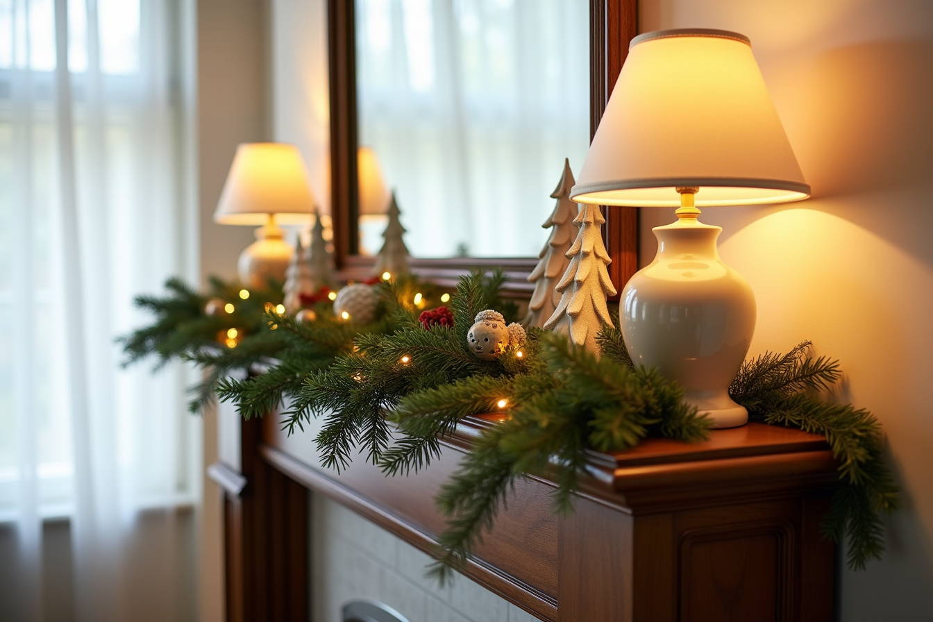 Dark wood mantelpiece with pre-lit fir garland featuring amber bulbs and ceramic holiday figurines at each end.