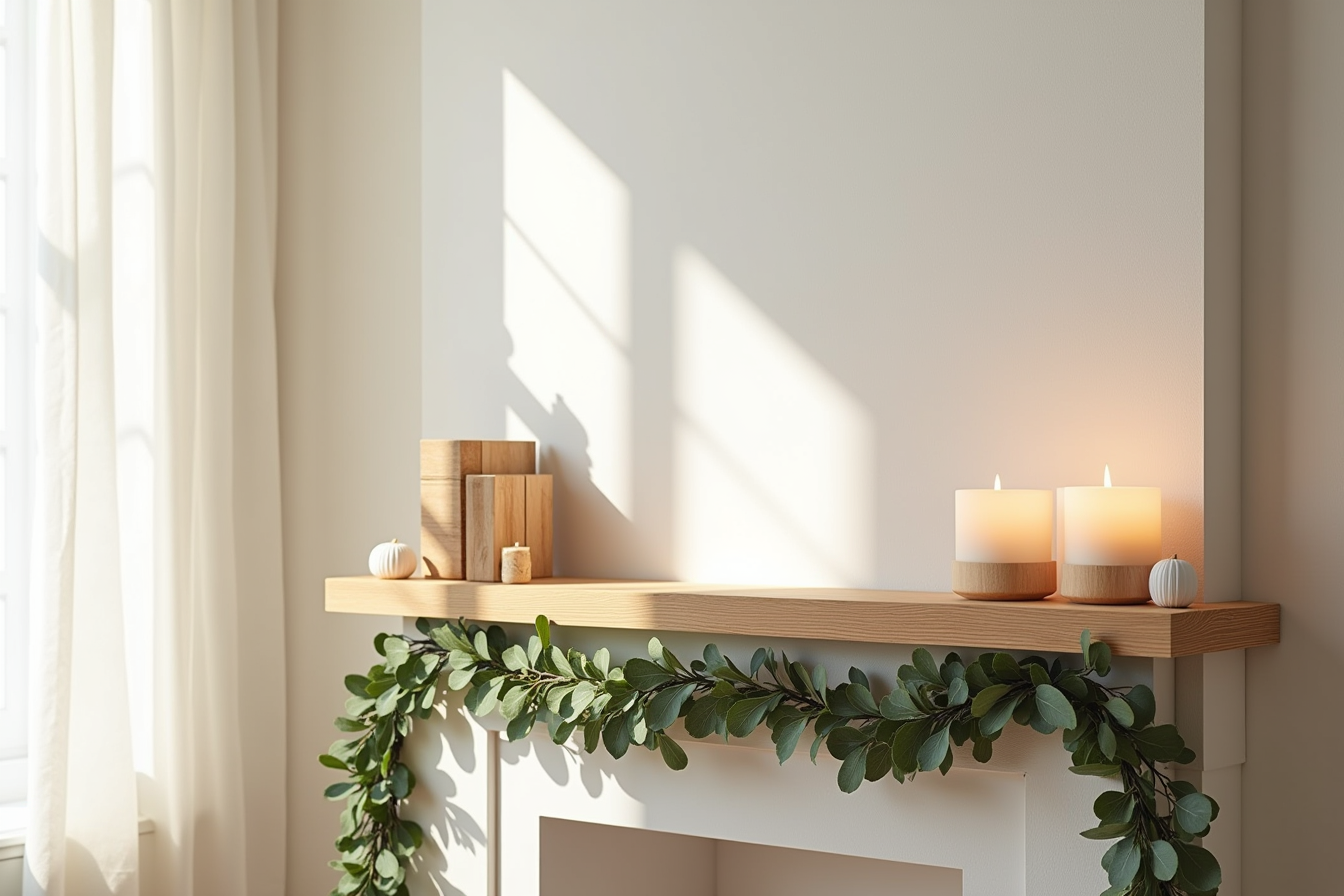 Narrow wooden mantel with loose eucalyptus garland, cream linen ribbon, and small wooden ornaments.
