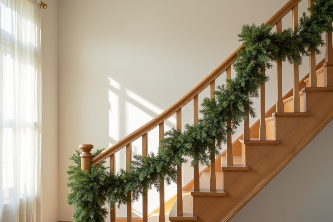 Wooden staircase railing wrapped with dense Norfolk pine garland flowing down all steps and curves.