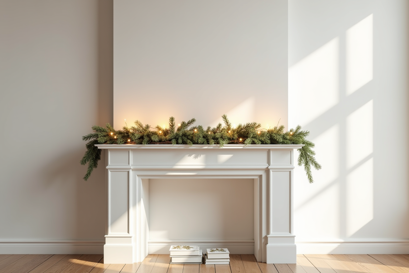 Contemporary white mantelpiece with pre-lit garland displaying evenly spaced white lights in minimalist style.
