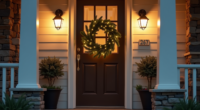 A lit evergreen wreath hangs centered on a dark wooden front door between stone and brick walls at dusk.