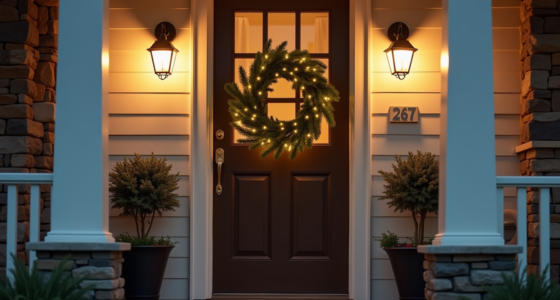 A lit evergreen wreath hangs centered on a dark wooden front door between stone and brick walls at dusk.