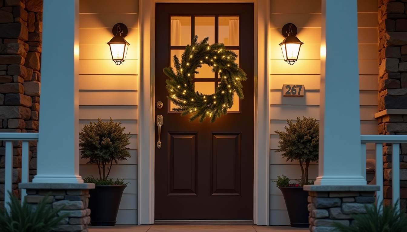 A lit evergreen wreath hangs centered on a dark wooden front door between stone and brick walls at dusk.