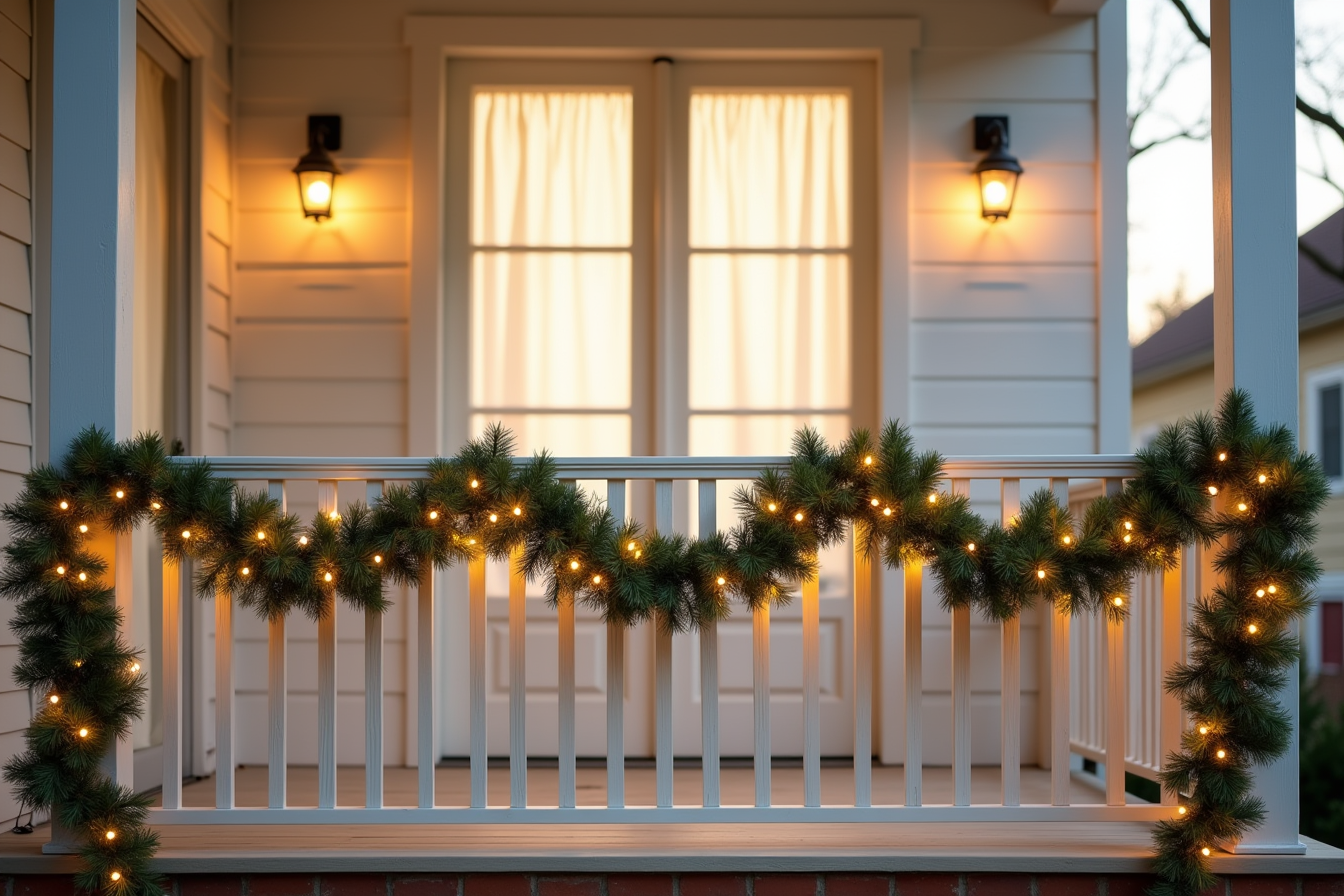 Warm white lights outline a garland draped along a wooden porch railing with brick walls and stairs below.