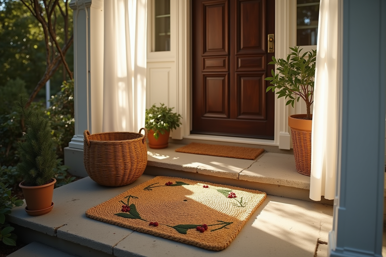 A holly and berry patterned doormat lies on weathered porch boards in front of a dark wooden door.