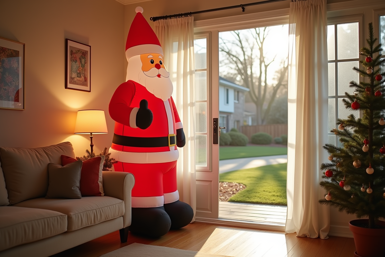 A glowing inflatable Santa figure stands tall on a front lawn visible from the street.