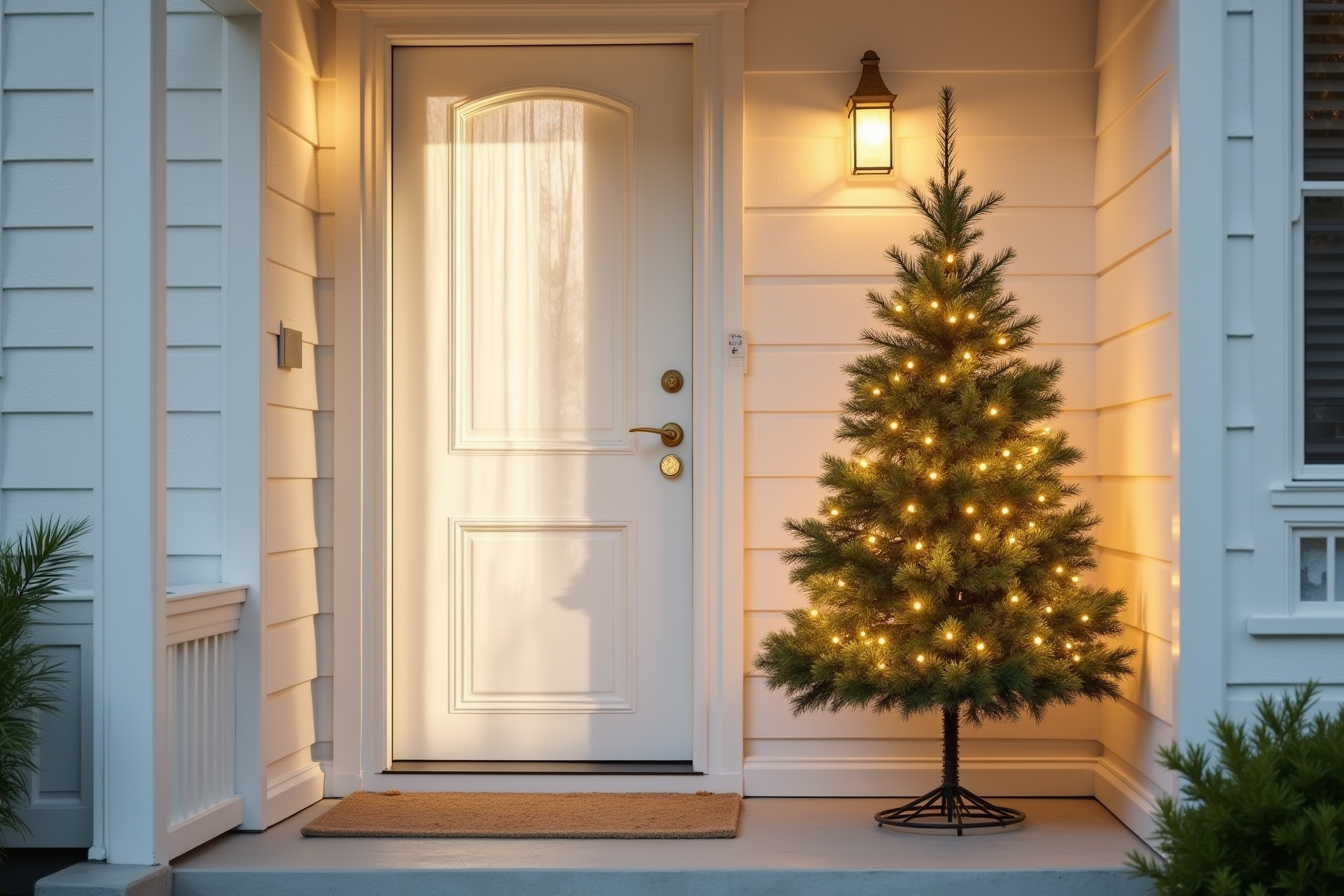 A glowing evergreen tree stands to the right of a white front door on a concrete porch.