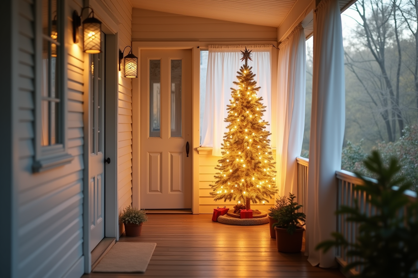 A glowing wooden Christmas decoration stands tall in a narrow covered porch beside a dark wooden door.