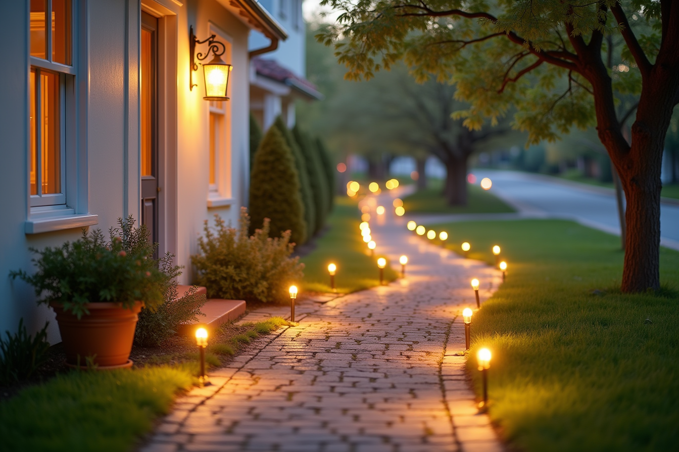 Warm white pathway lights line both sides of a driveway leading toward a distant front porch entrance.