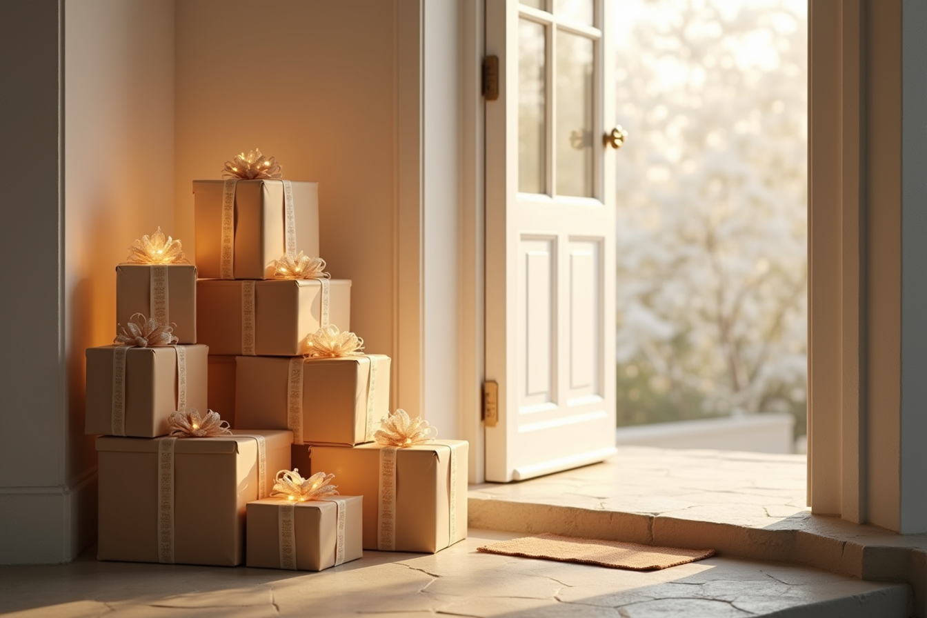 Illuminated gift boxes are stacked in a corner beneath a porch overhang on a stone porch surface.
