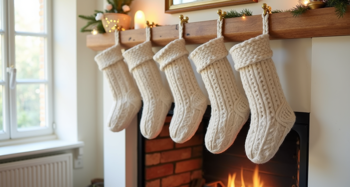 Six neutral-toned knit stockings hang from brass hooks on a mantel above a glowing fireplace.