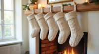 Six neutral-toned knit stockings hang from brass hooks on a mantel above a glowing fireplace.