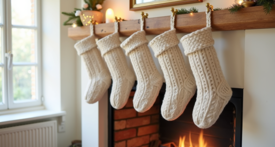 Six neutral-toned knit stockings hang from brass hooks on a mantel above a glowing fireplace.