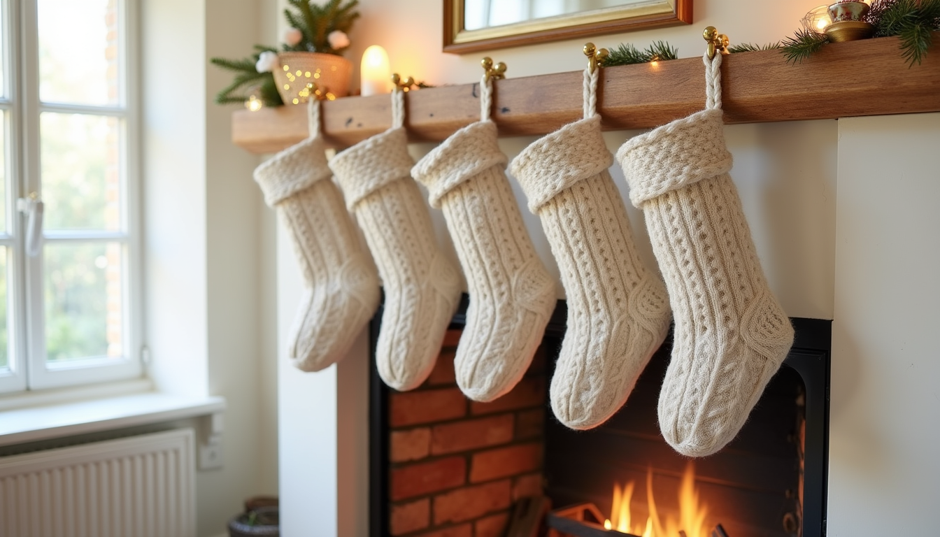Six neutral-toned knit stockings hang from brass hooks on a mantel above a glowing fireplace.