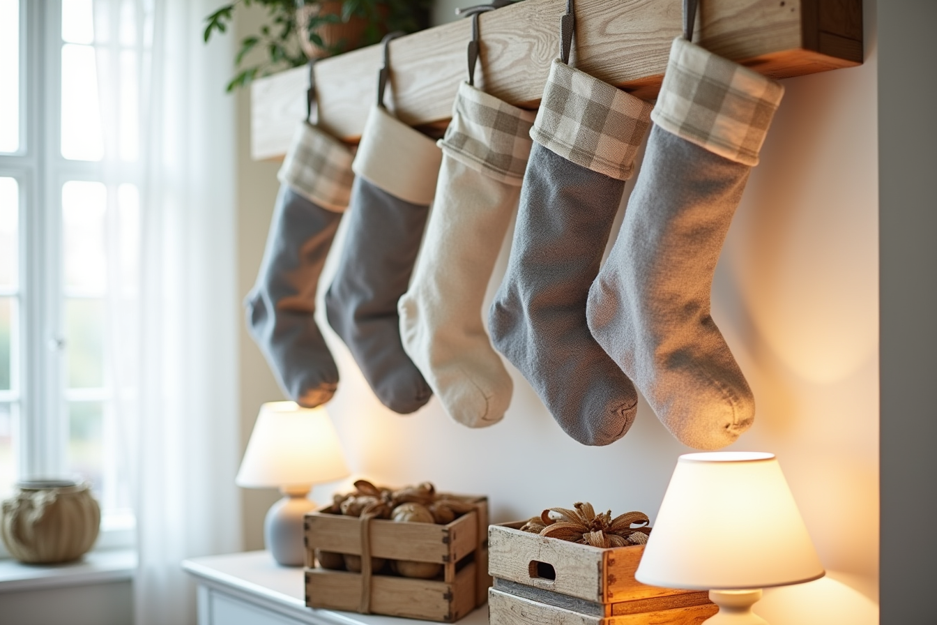 Six burlap stockings with buffalo plaid cuffs hang from a wooden beam above a mantel with a wooden crate and burlap ribbon.