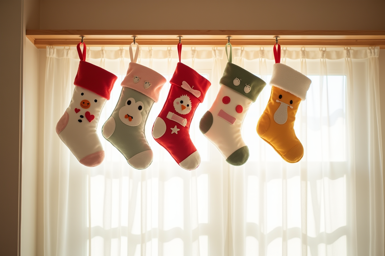 Four colorful character-themed plush stockings hang in a staggered arrangement from a wooden beam, viewed from below.