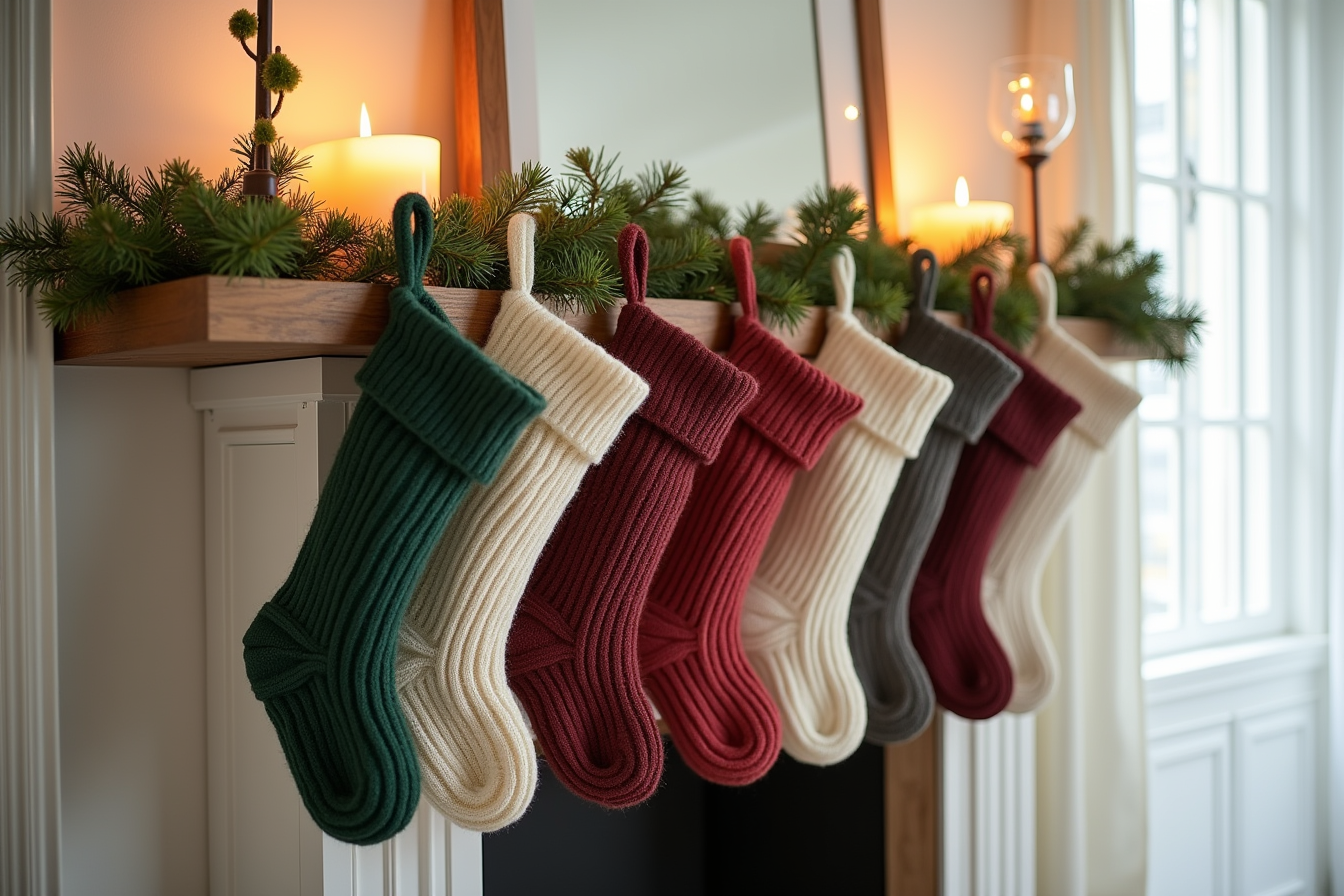 Six stockings in green, burgundy, and cream hang from a chrome rail above a mantel decorated with pine branches and candles.