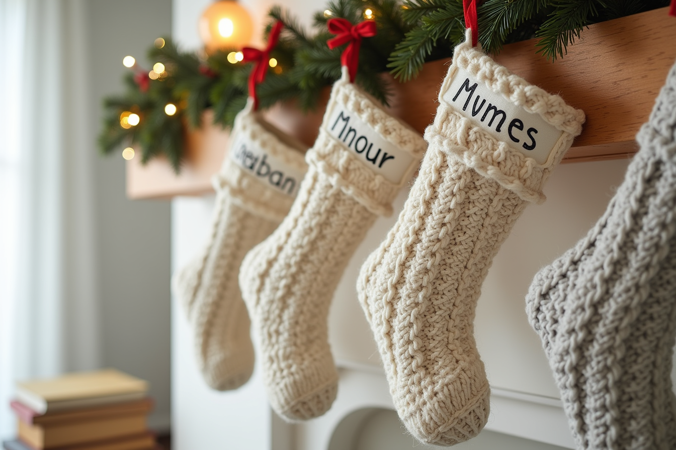 Six cream and gray stockings with name tags hang from red velvet ribbon on a wooden mantel with garland.