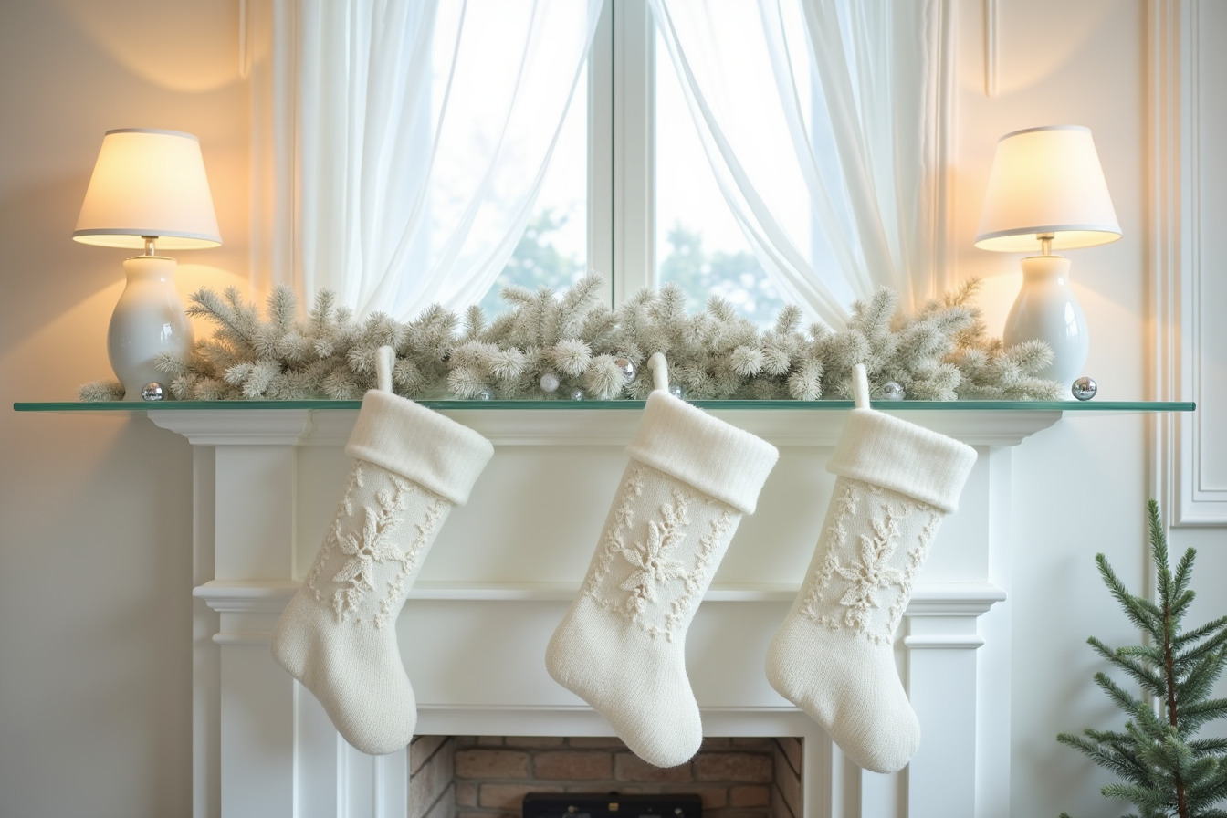 Two white stockings with snowflake embroidery hang from a glass shelf between frosted garland and silver ornaments.