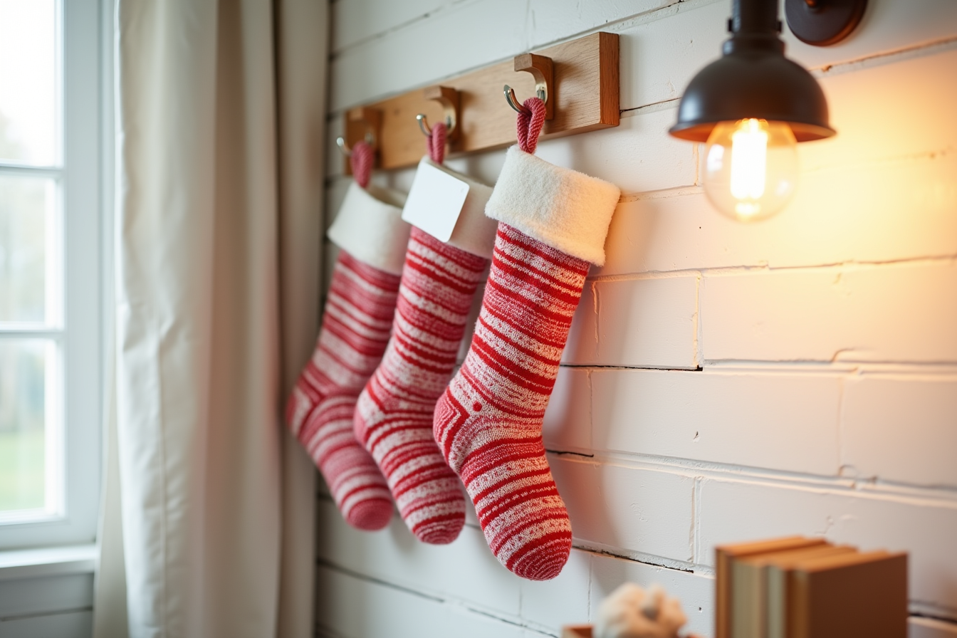 Three red-and-white striped stockings with blank name tags hang from hooks on a shiplap wall lit by warm lamp light.