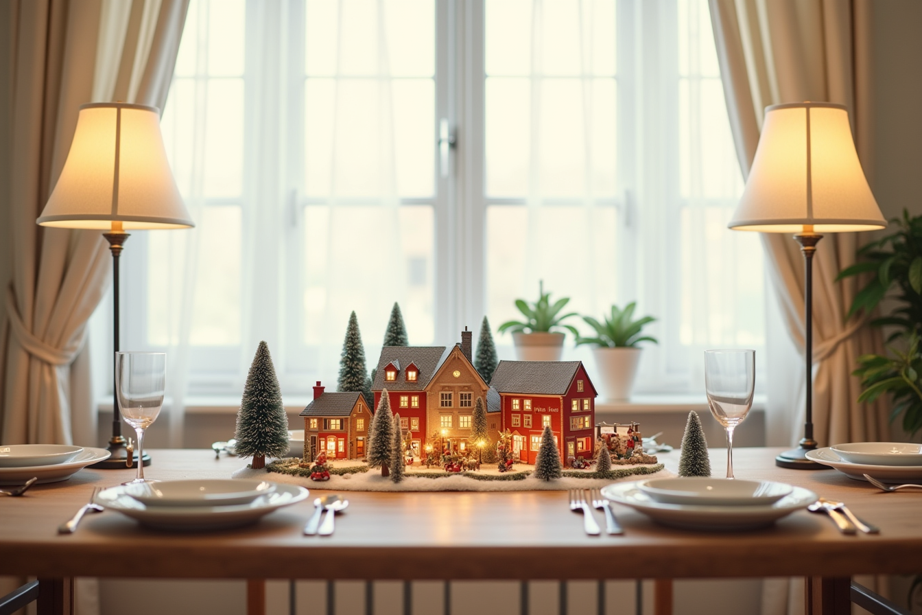Animated Christmas village with detailed miniature buildings and lights displayed on a side table.