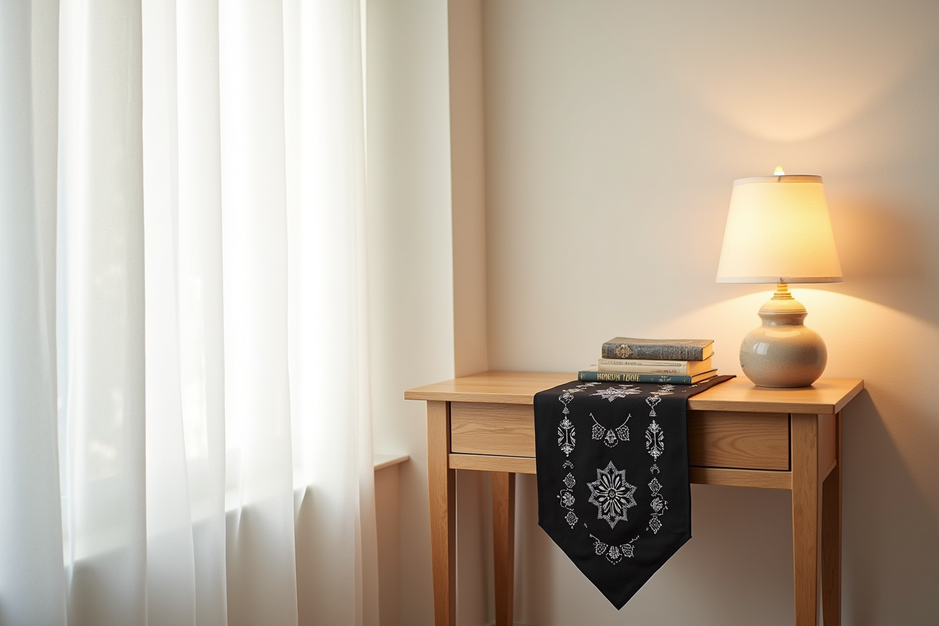 Small console table with black Christmas-patterned runner draped down its center.