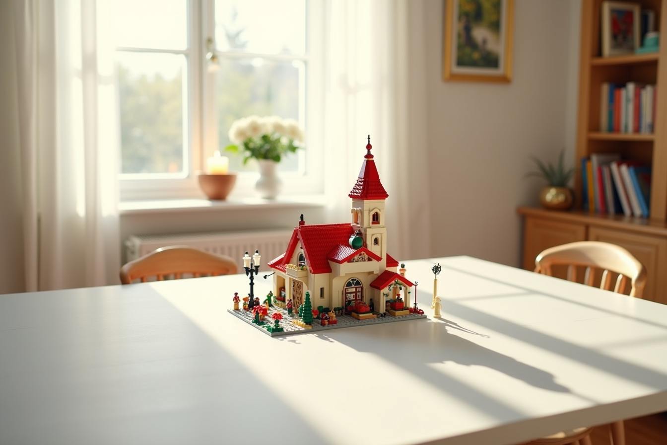 Finished LEGO Christmas set with colorful brick details displayed on a white dining table.