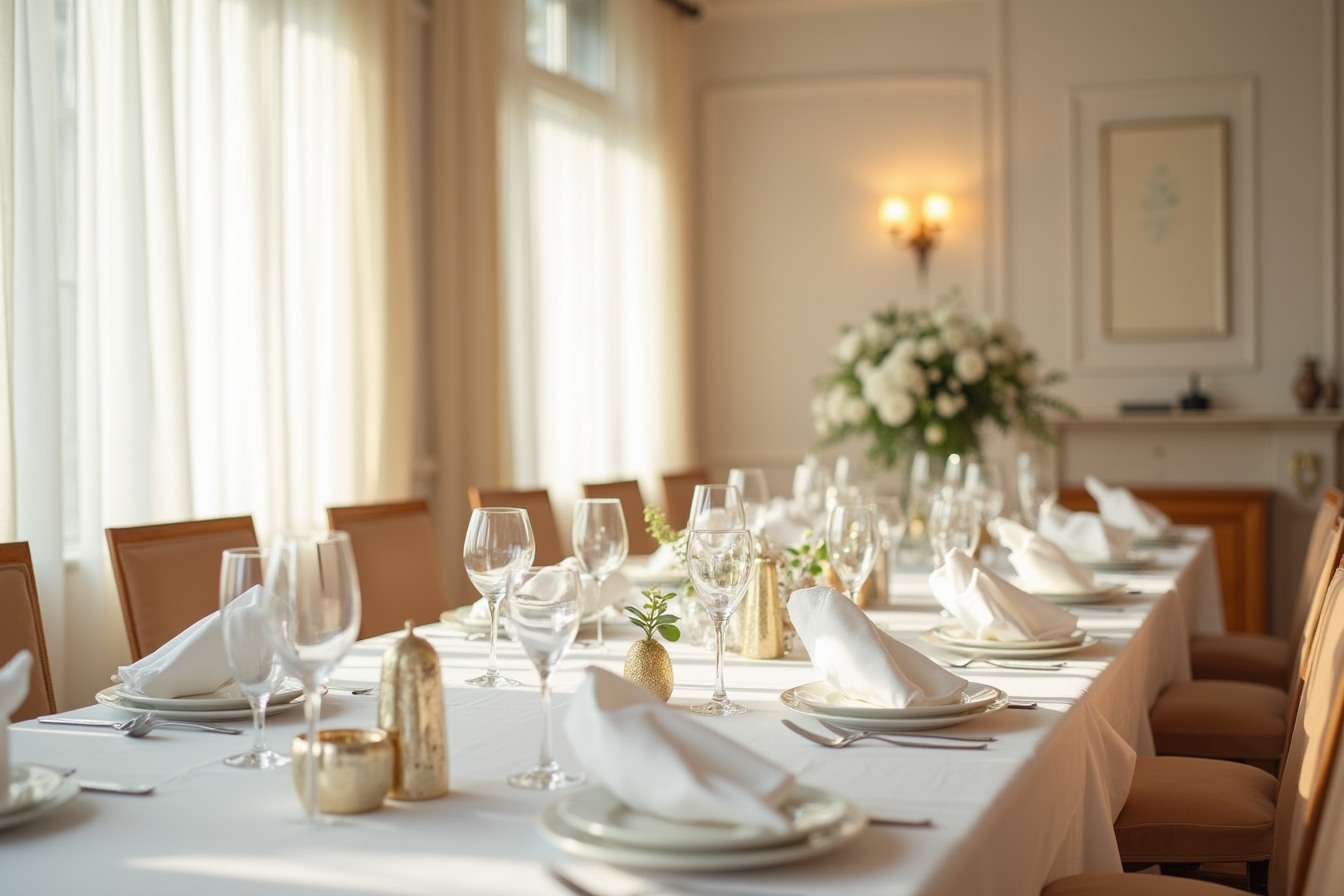 Twelve place settings on a long banquet table with gold napkin rings, white linens, and neutral dishware.