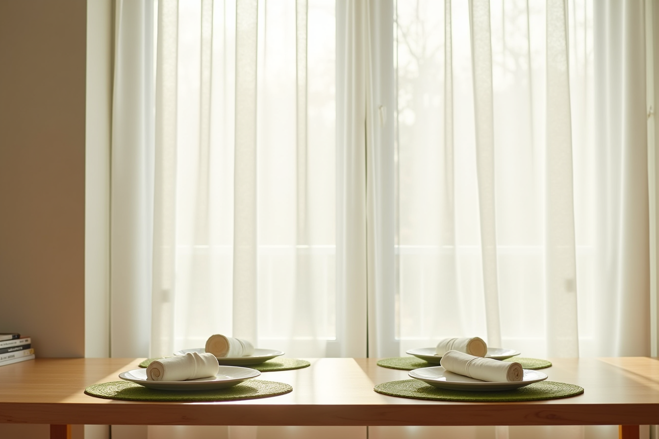 Four round green placemats arranged on a wooden table, each with a white plate and folded napkin.