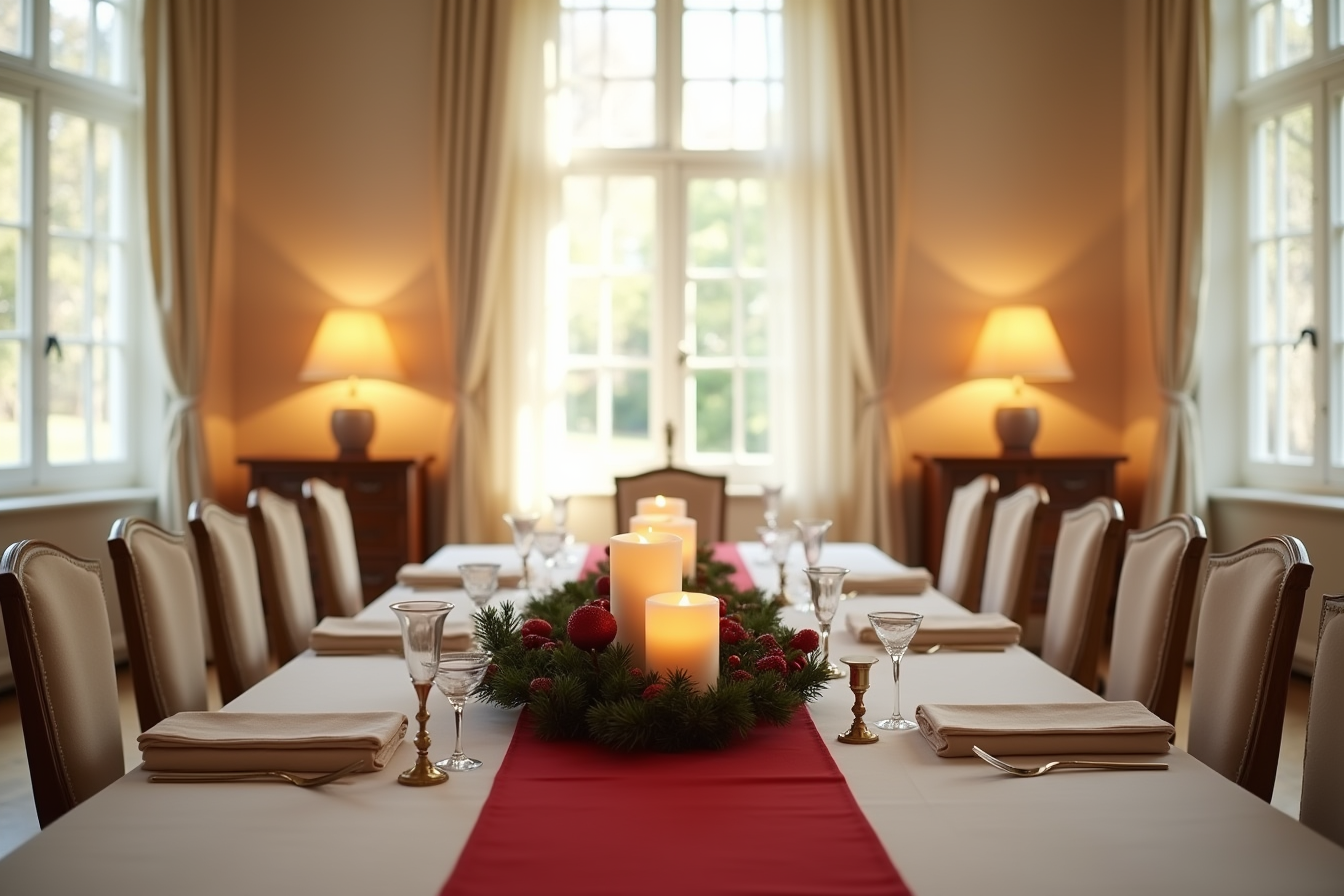 Long rectangular table with red runner, three brass candleholders, and lush red and green garland with holly sprigs running