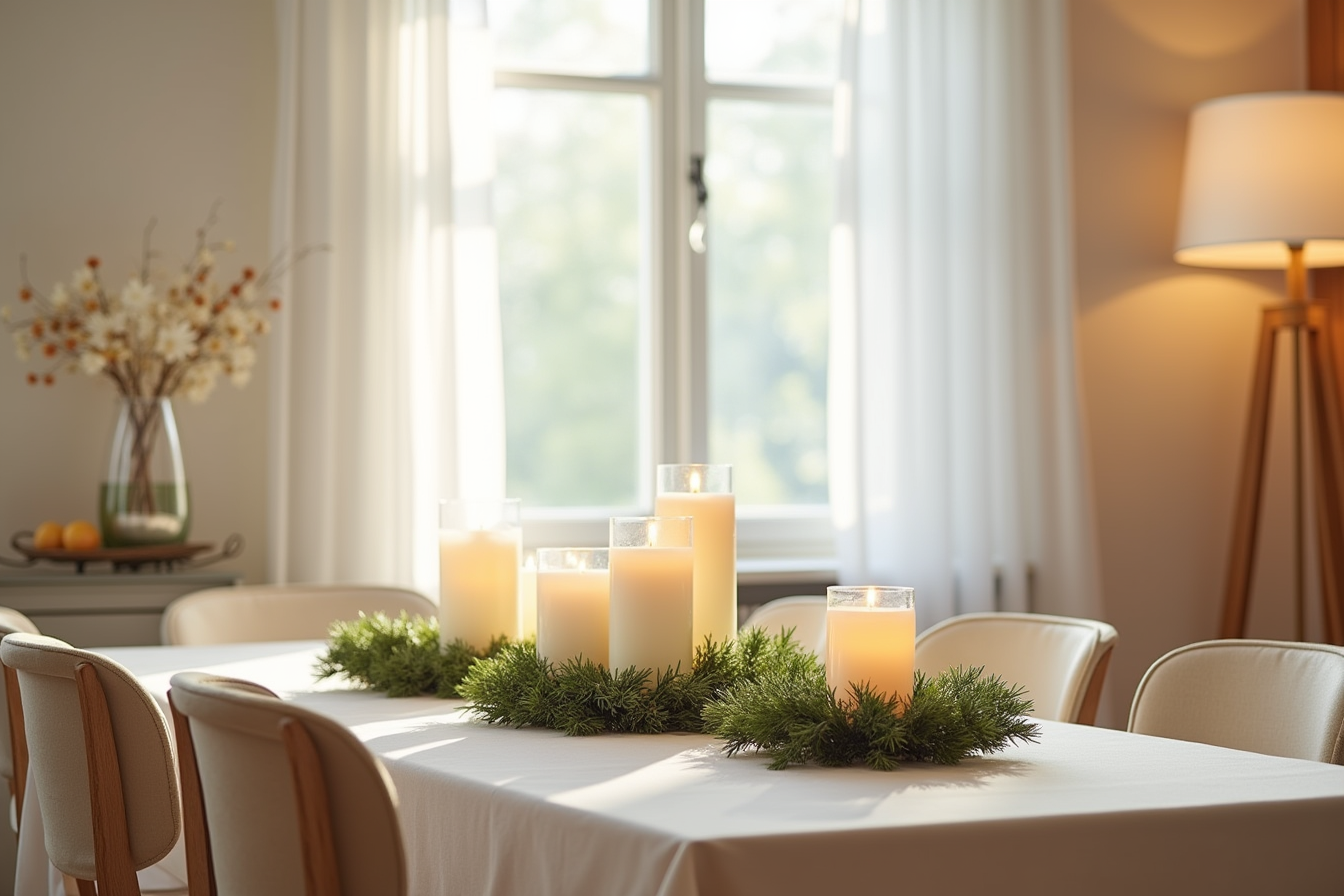 Eight pillar candles arranged in pairs on a long dining table, each surrounded by artificial evergreen rings.