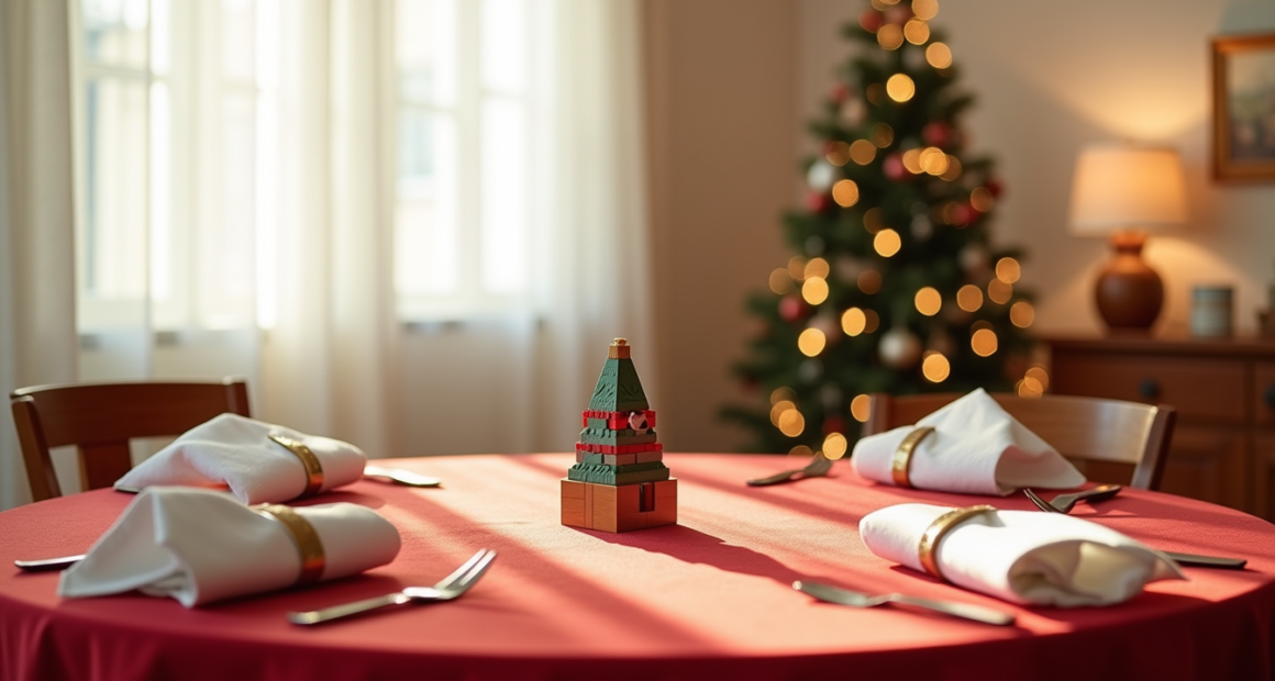 Red tablecloth with gold napkin rings, wooden tree figurine, and partially built LEGO Christmas set arranged on a dining