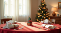 Red tablecloth with gold napkin rings, wooden tree figurine, and partially built LEGO Christmas set arranged on a dining