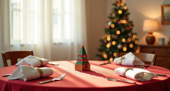 Red tablecloth with gold napkin rings, wooden tree figurine, and partially built LEGO Christmas set arranged on a dining