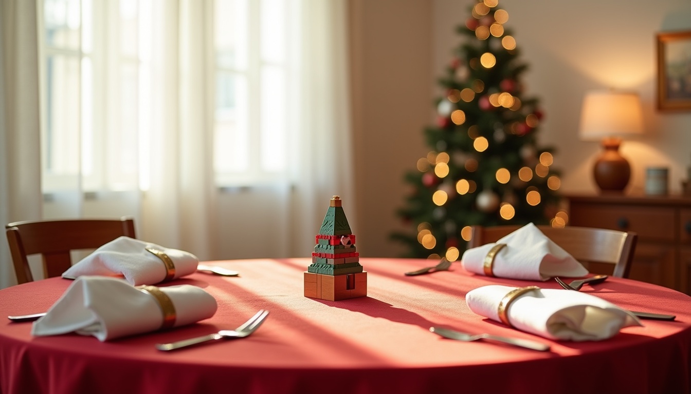 Red tablecloth with gold napkin rings, wooden tree figurine, and partially built LEGO Christmas set arranged on a dining