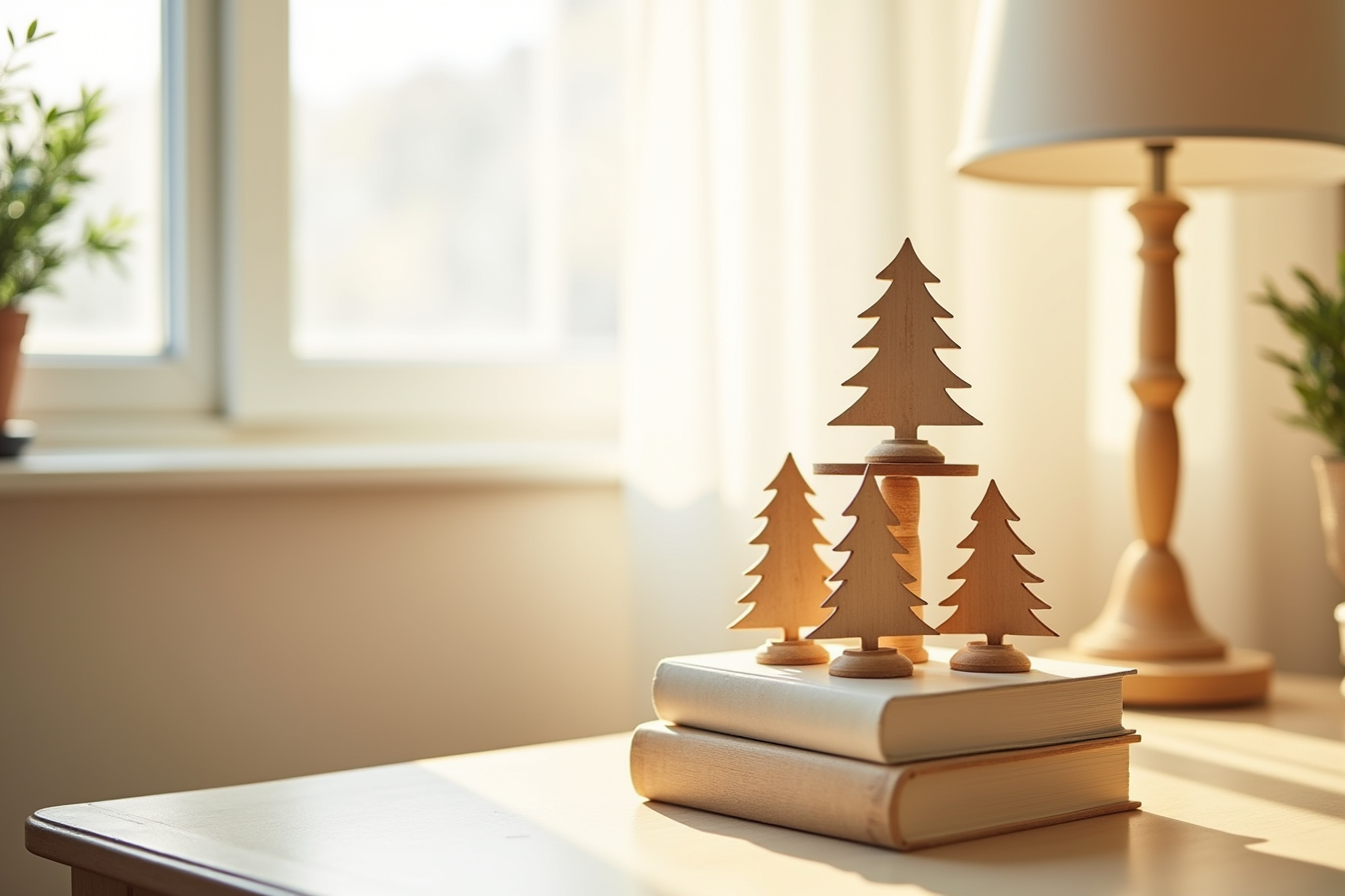 Four wooden Christmas tree figurines displayed at different heights on a tiered wooden stand with side lighting.