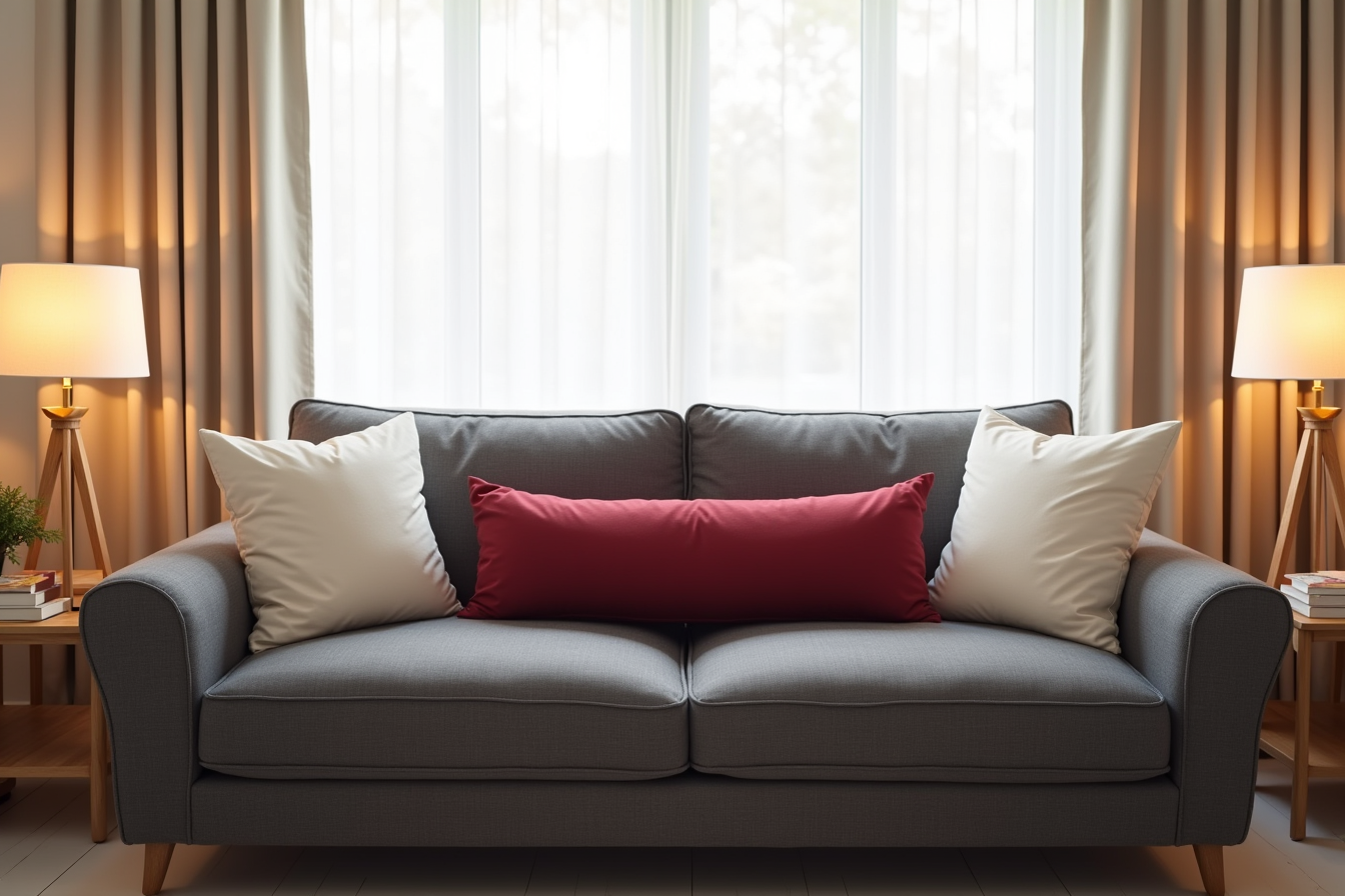 Burgundy rectangular Christmas pillow positioned between two cream square pillows on a modern charcoal sofa.